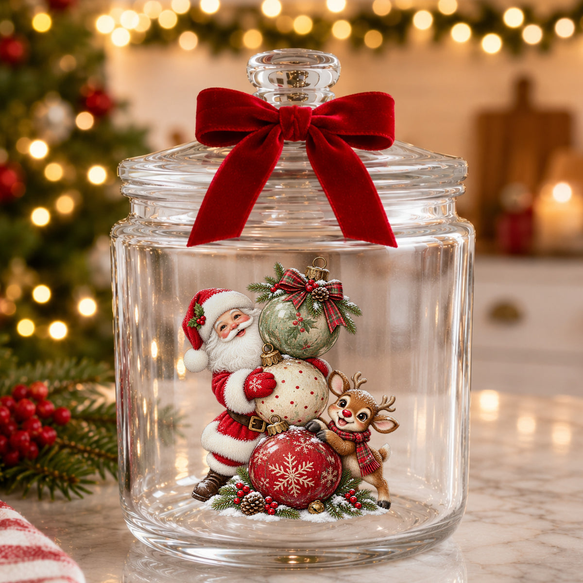 Santa And Reindeer With Stacked Ornaments UV DTF sticker applied to a glass candy jar tied with a red bow