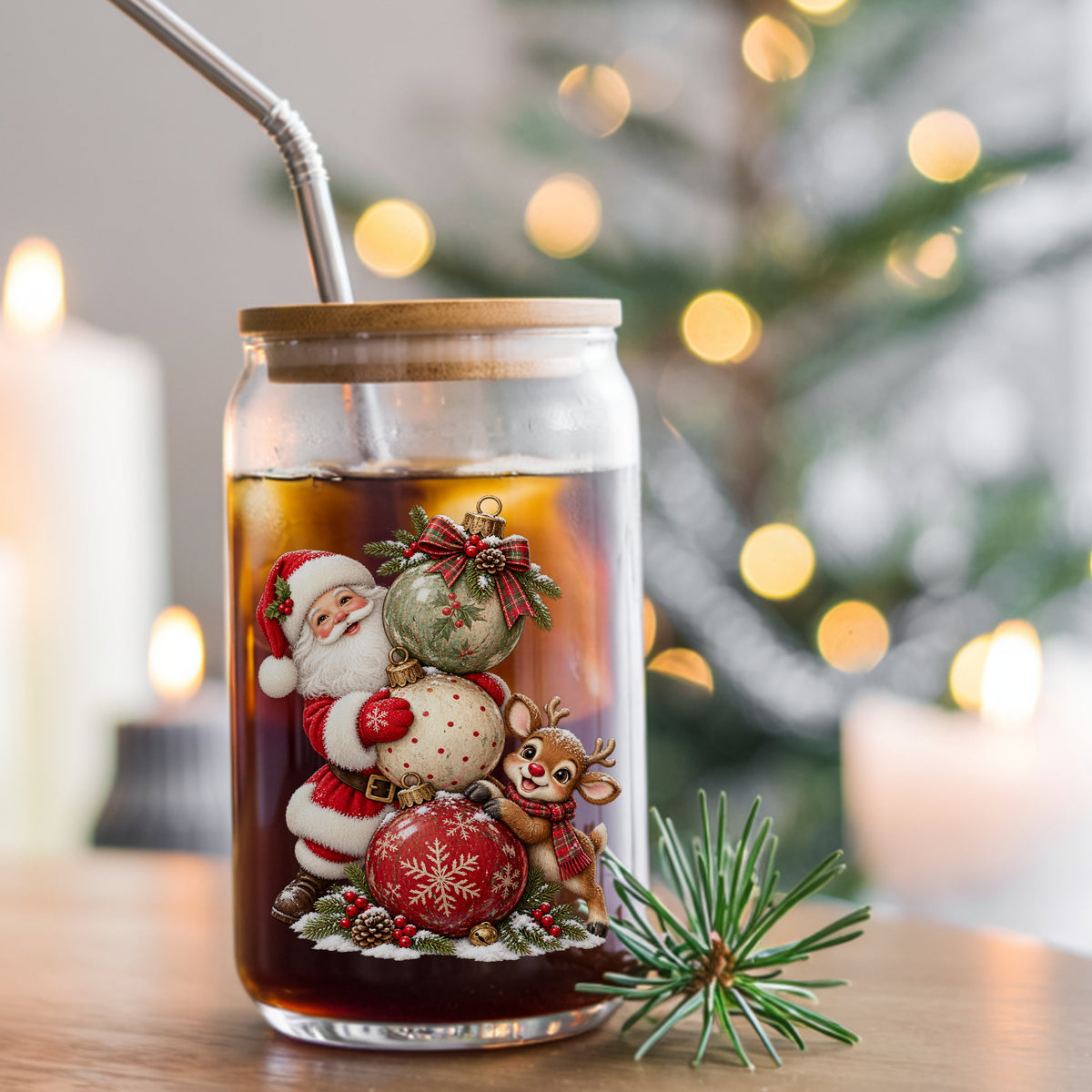 Santa And Reindeer With Stacked Ornaments UV DTF sticker applied to a glass can cup of iced coffee with a straw