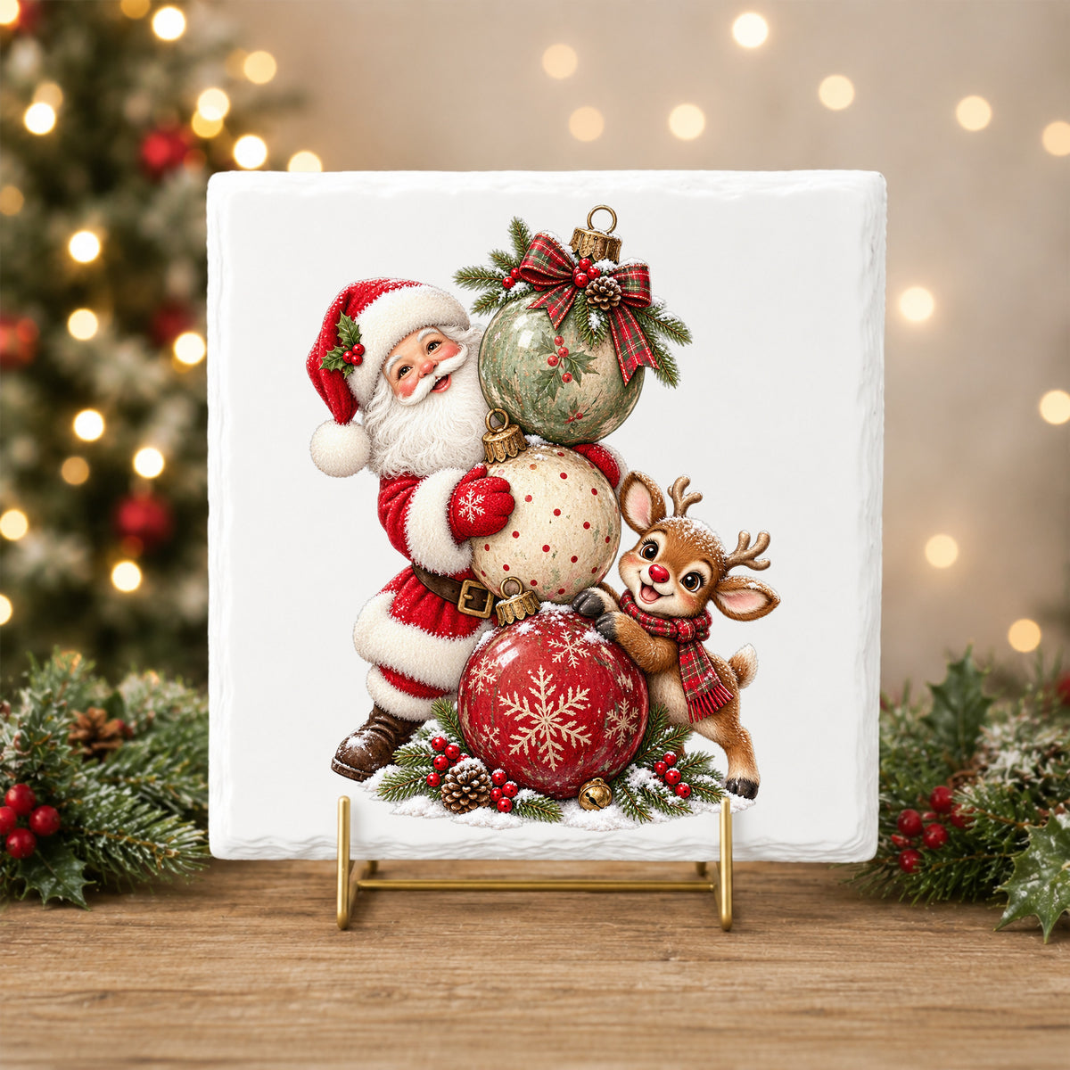 Santa And Reindeer With Stacked Ornaments UV DTF sticker applied to a white tile on a gold stand