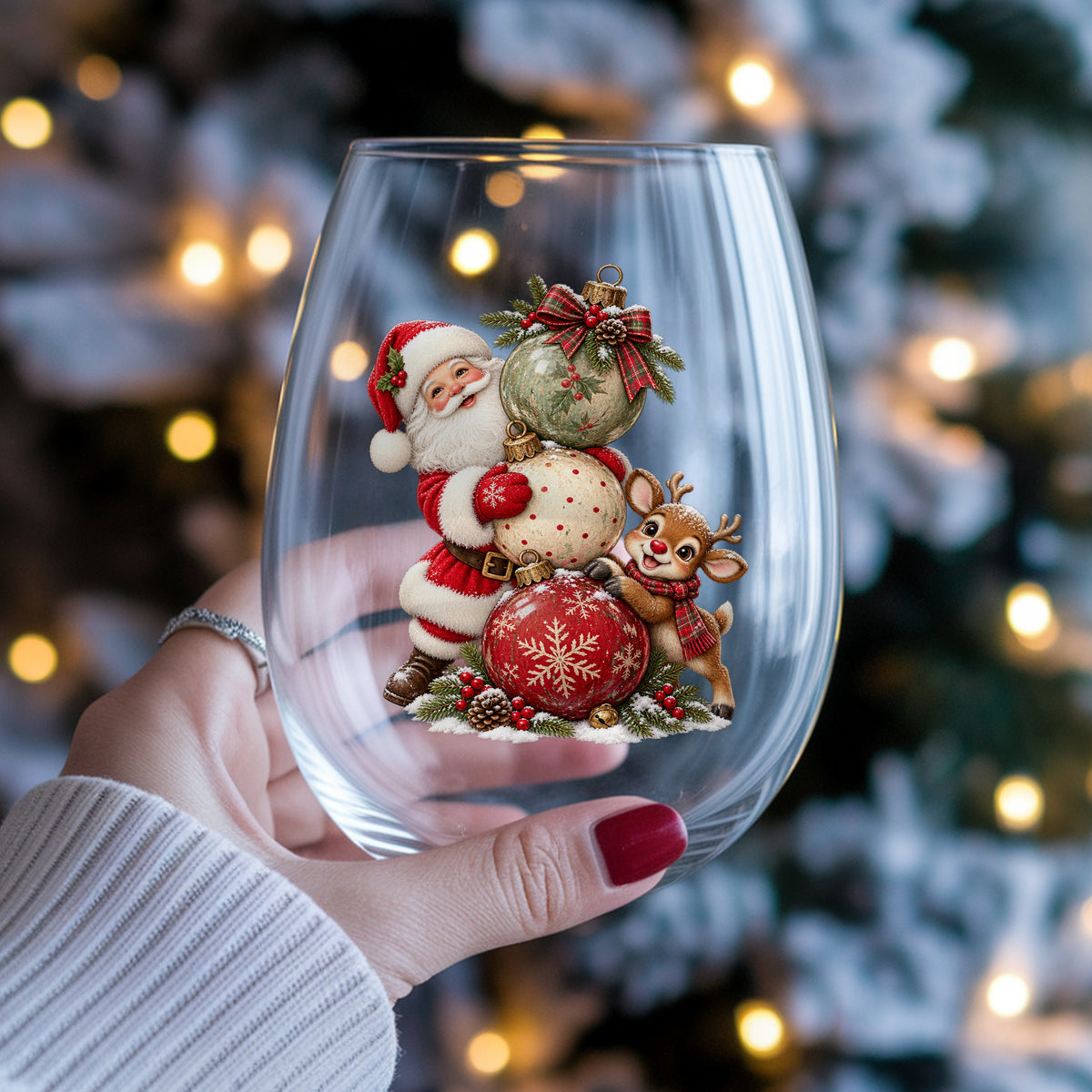 Santa And Reindeer With Stacked Ornaments UV DTF sticker applied to a stemless wine glass held in hand