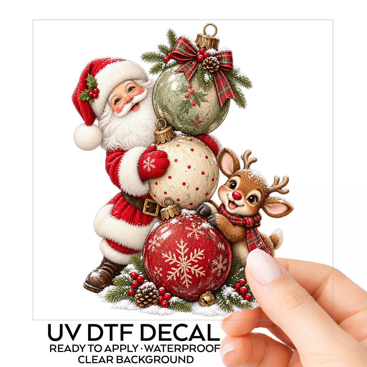 Santa And Reindeer With Stacked Ornaments UV DTF sticker on its backing card, held in hand