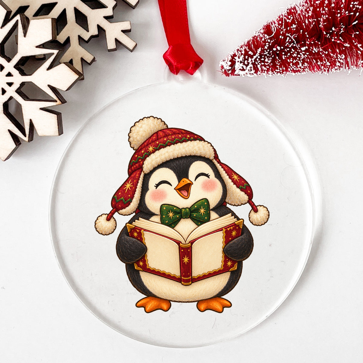 Caroling Penguin With Carol Book UV DTF sticker applied to a clear round acrylic ornament with a red ribbon