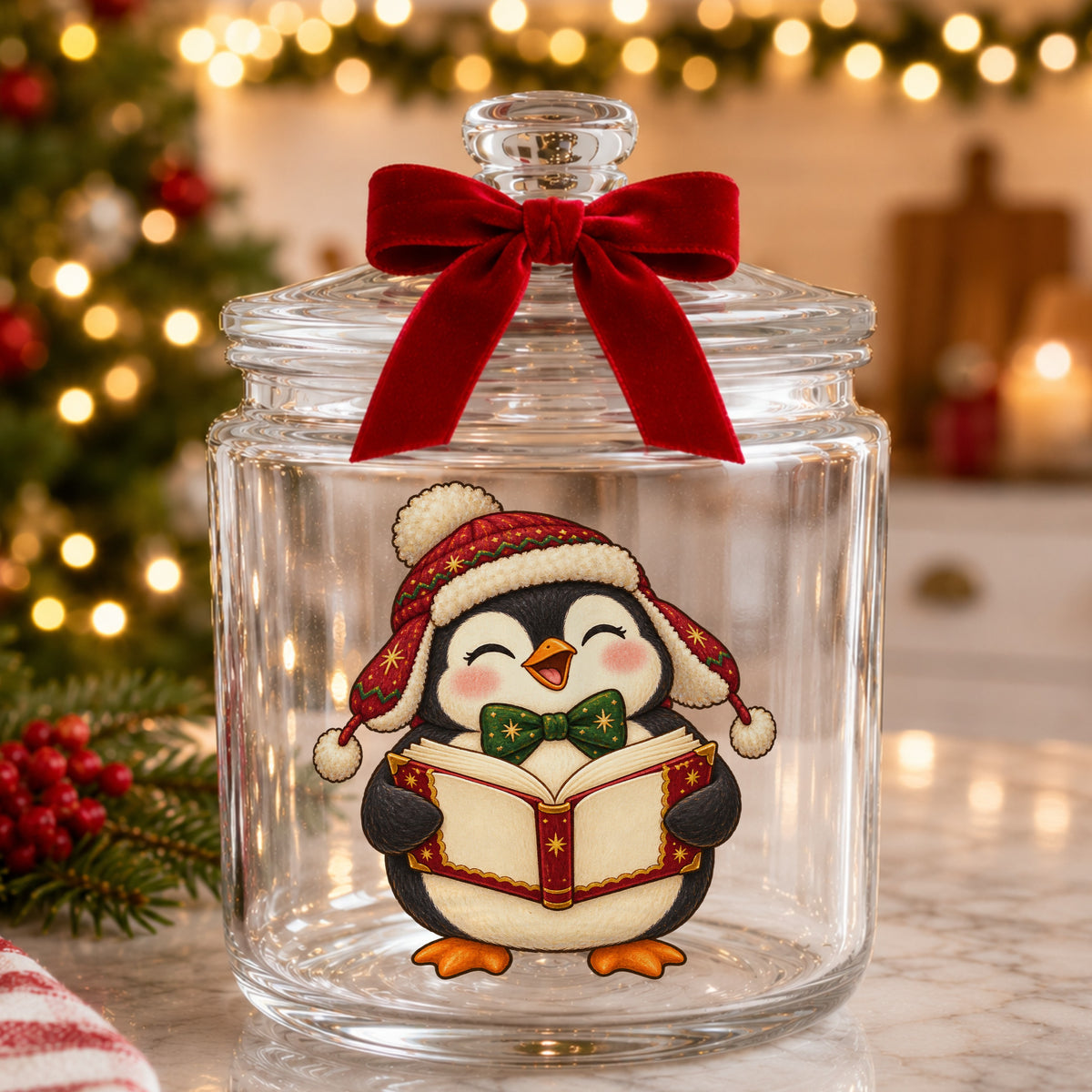 Caroling Penguin With Carol Book UV DTF sticker applied to a glass candy jar tied with a red bow