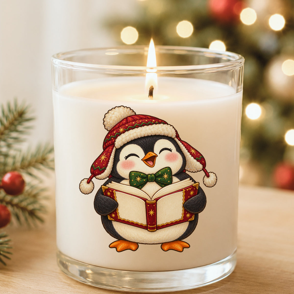 Caroling Penguin With Carol Book UV DTF sticker applied to a white candle in a glass holder near Christmas lights