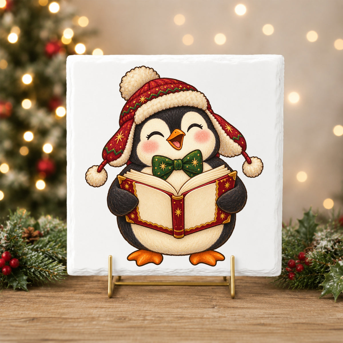 Caroling Penguin With Carol Book UV DTF sticker applied to a white tile on a gold stand