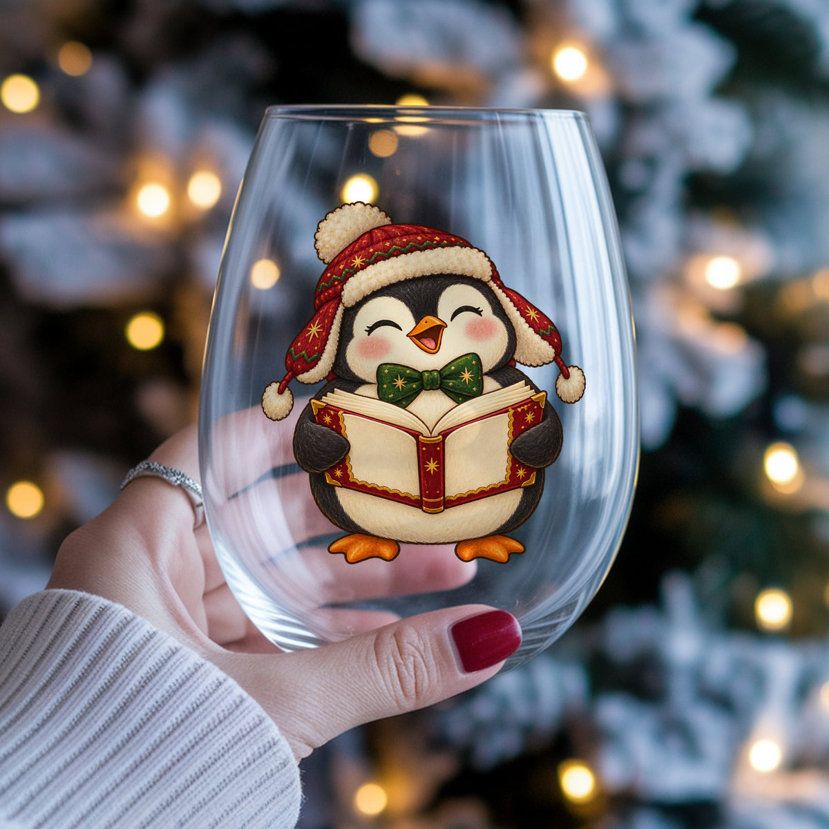 Caroling Penguin With Carol Book UV DTF sticker applied to a stemless wine glass held in hand
