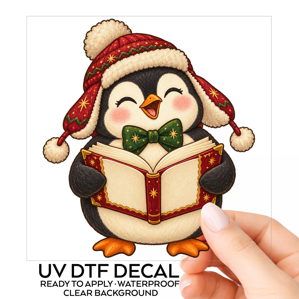 Caroling Penguin With Carol Book UV DTF sticker on its backing card, held in hand