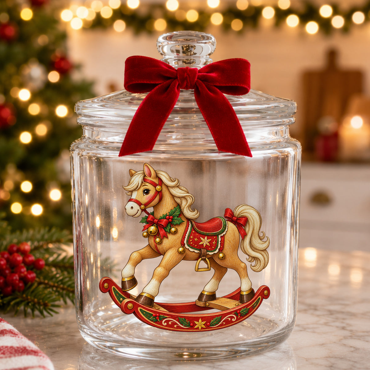 Vintage Christmas Rocking Horse UV DTF sticker applied to a glass candy jar tied with a red bow