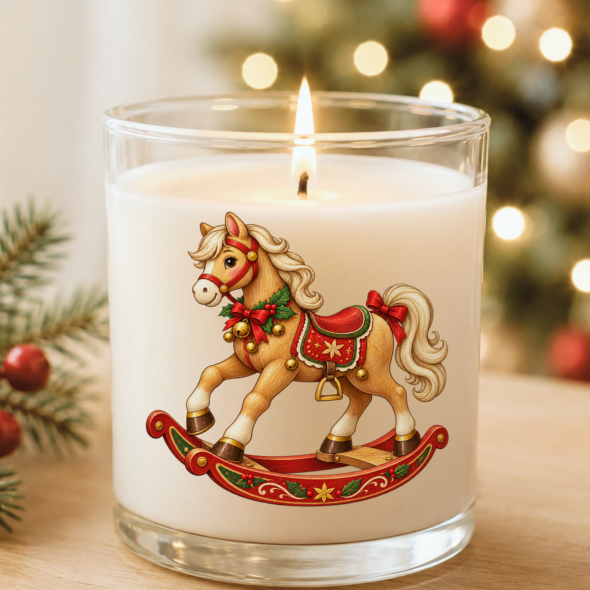 Vintage Christmas Rocking Horse UV DTF sticker applied to a white candle in a glass holder near Christmas lights