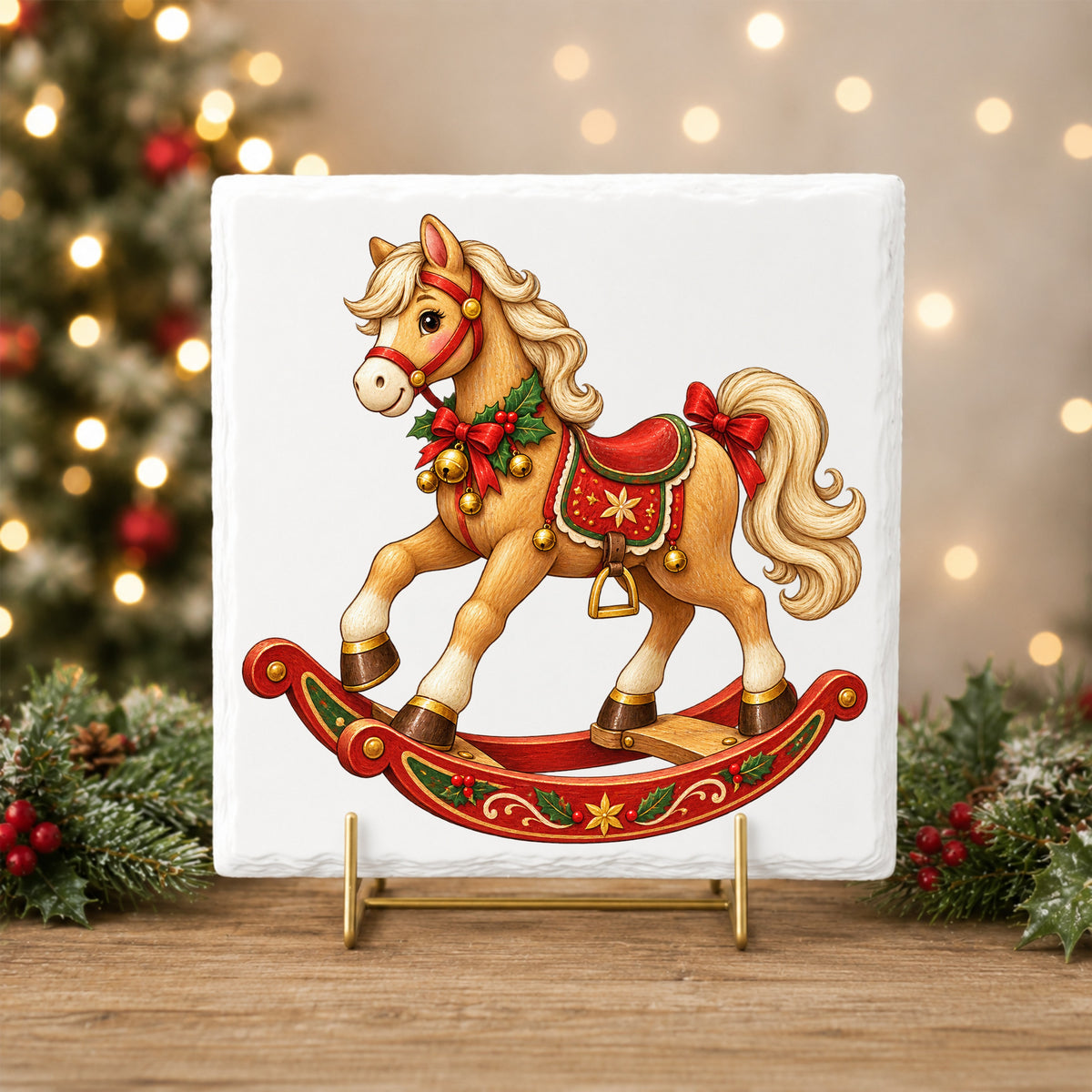 Vintage Christmas Rocking Horse UV DTF sticker applied to a white tile on a gold stand