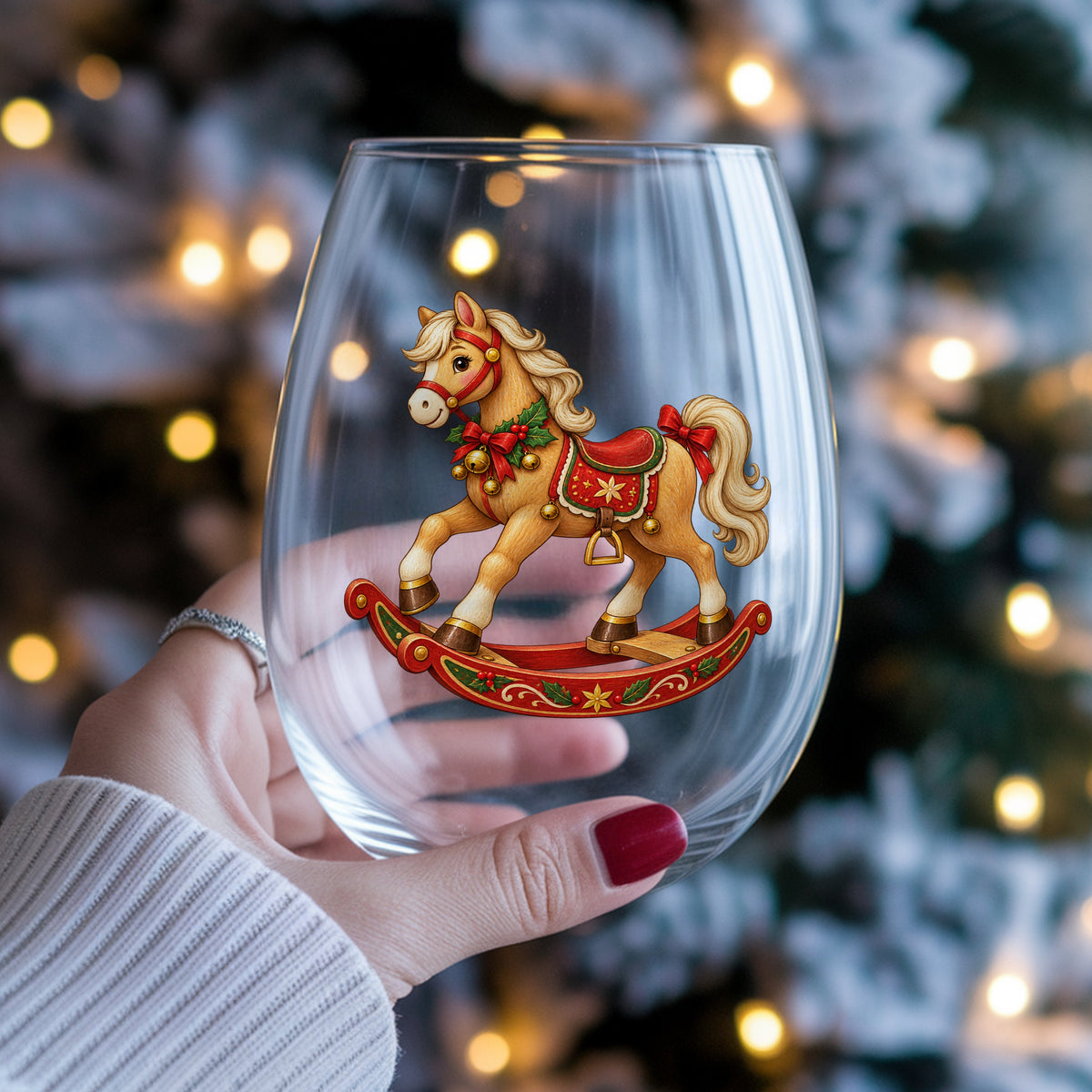 Vintage Christmas Rocking Horse UV DTF sticker applied to a stemless wine glass held in hand