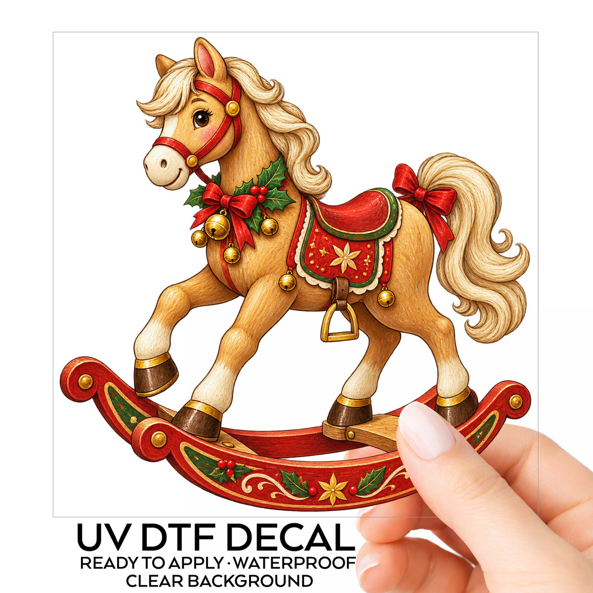 Vintage Christmas Rocking Horse UV DTF sticker on its backing card, held in hand