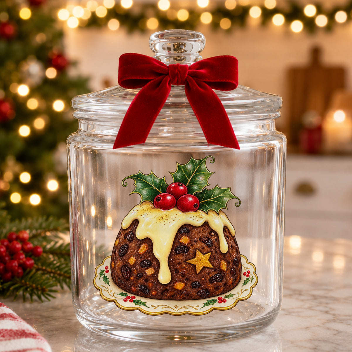 Christmas Pudding With Holly UV DTF sticker applied to a glass candy jar tied with a red bow