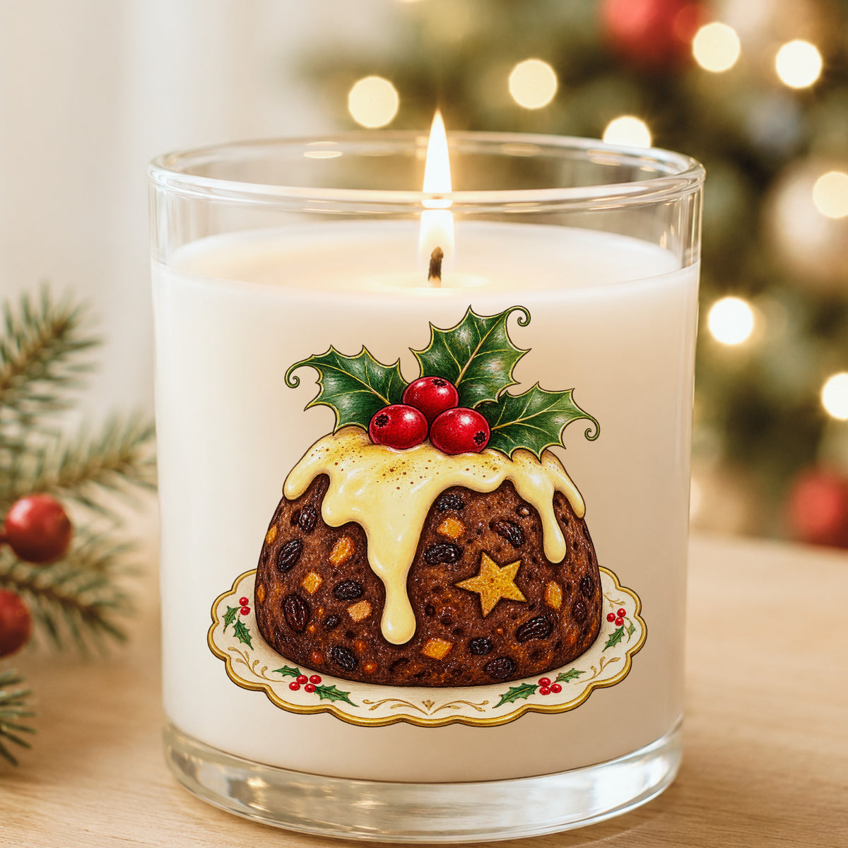 Christmas Pudding With Holly UV DTF sticker applied to a white candle in a glass holder near Christmas lights