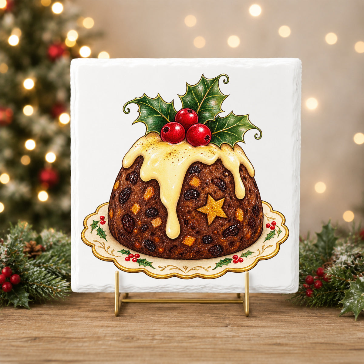 Christmas Pudding With Holly UV DTF sticker applied to a white tile on a gold stand