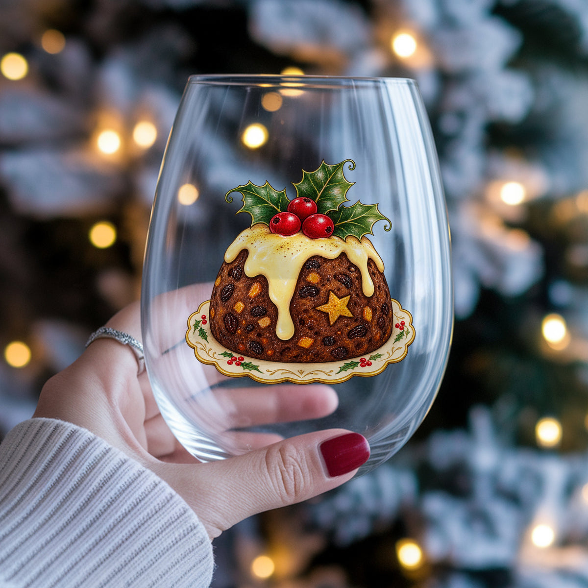 Christmas Pudding With Holly UV DTF sticker applied to a stemless wine glass held in hand