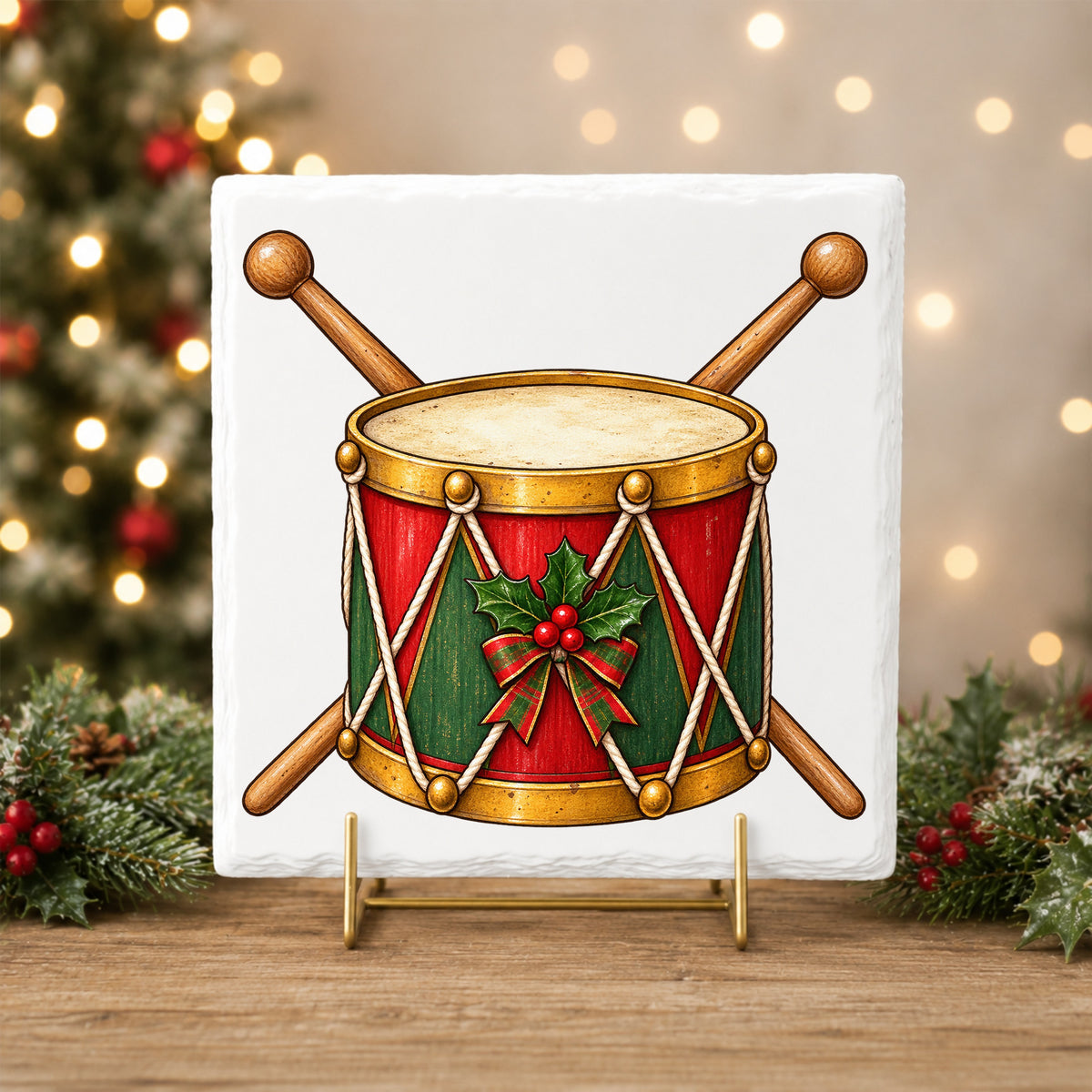 Vintage Toy Drum With Drumsticks UV DTF sticker applied to a white tile on a gold stand