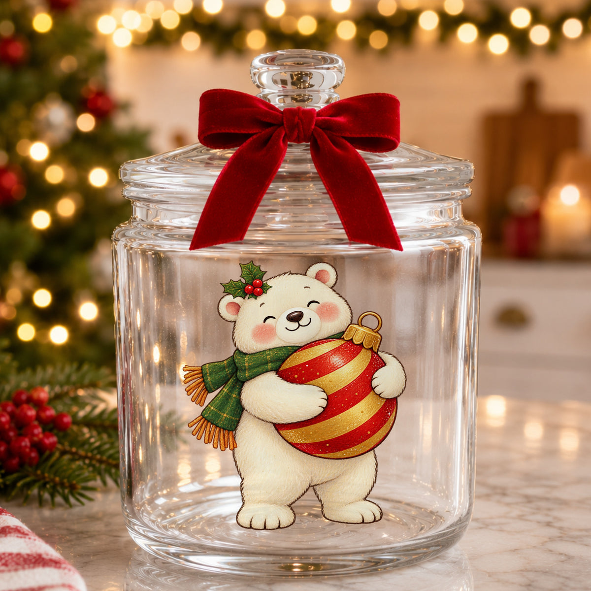 Polar Bear Hugging Christmas Bauble UV DTF sticker applied to a glass candy jar tied with a red bow