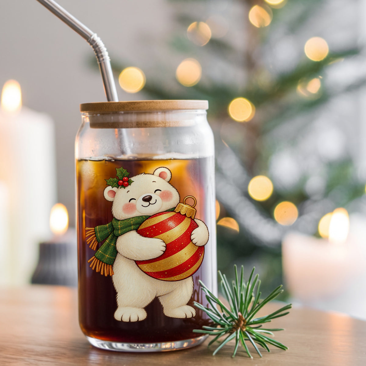 Polar Bear Hugging Christmas Bauble UV DTF sticker applied to a glass can cup of iced coffee with a straw