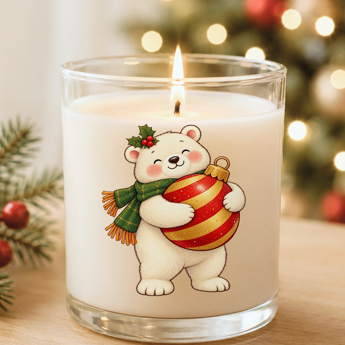 Polar Bear Hugging Christmas Bauble UV DTF sticker applied to a white candle in a glass holder near Christmas lights