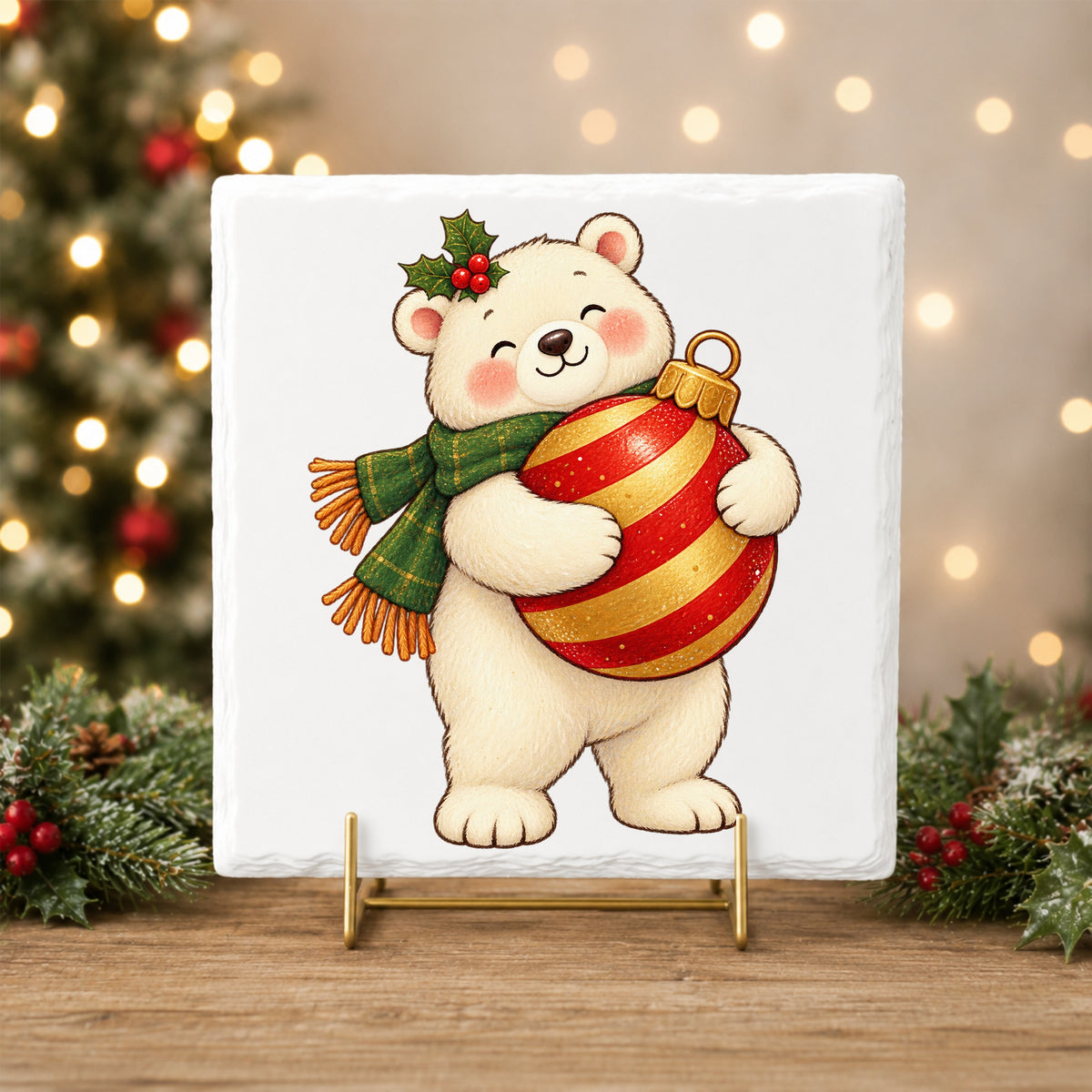 Polar Bear Hugging Christmas Bauble UV DTF sticker applied to a white tile on a gold stand