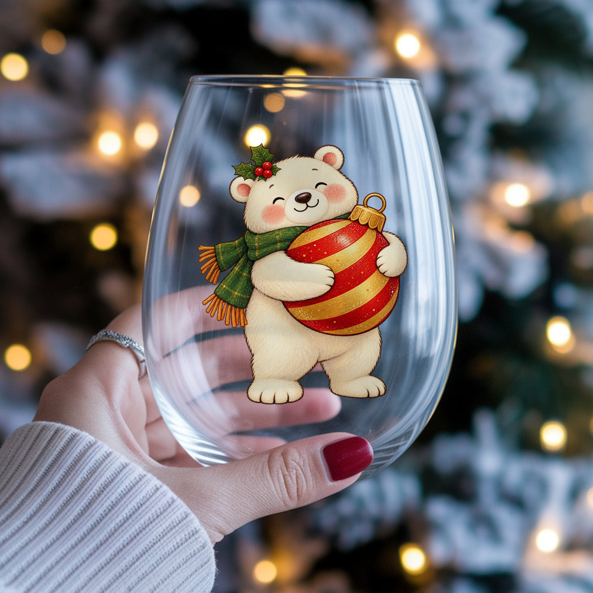 Polar Bear Hugging Christmas Bauble UV DTF sticker applied to a stemless wine glass held in hand