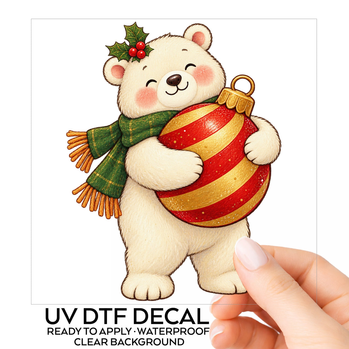 Polar Bear Hugging Christmas Bauble UV DTF sticker on its backing card, held in hand