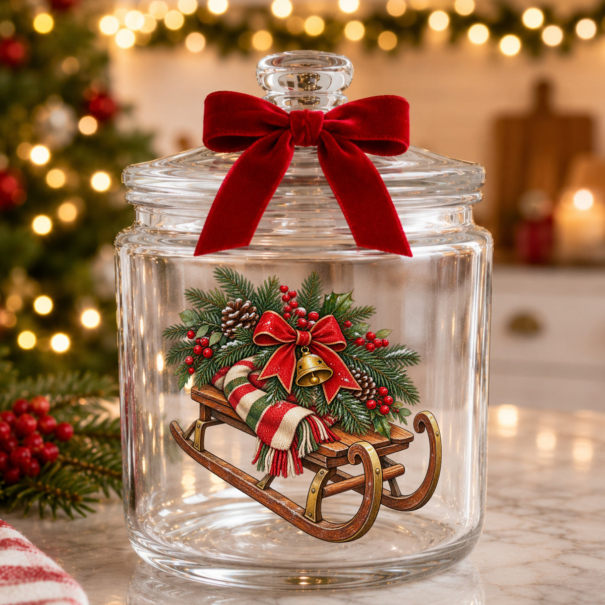 Vintage Wooden Sled With Greenery UV DTF sticker applied to a glass candy jar tied with a red bow