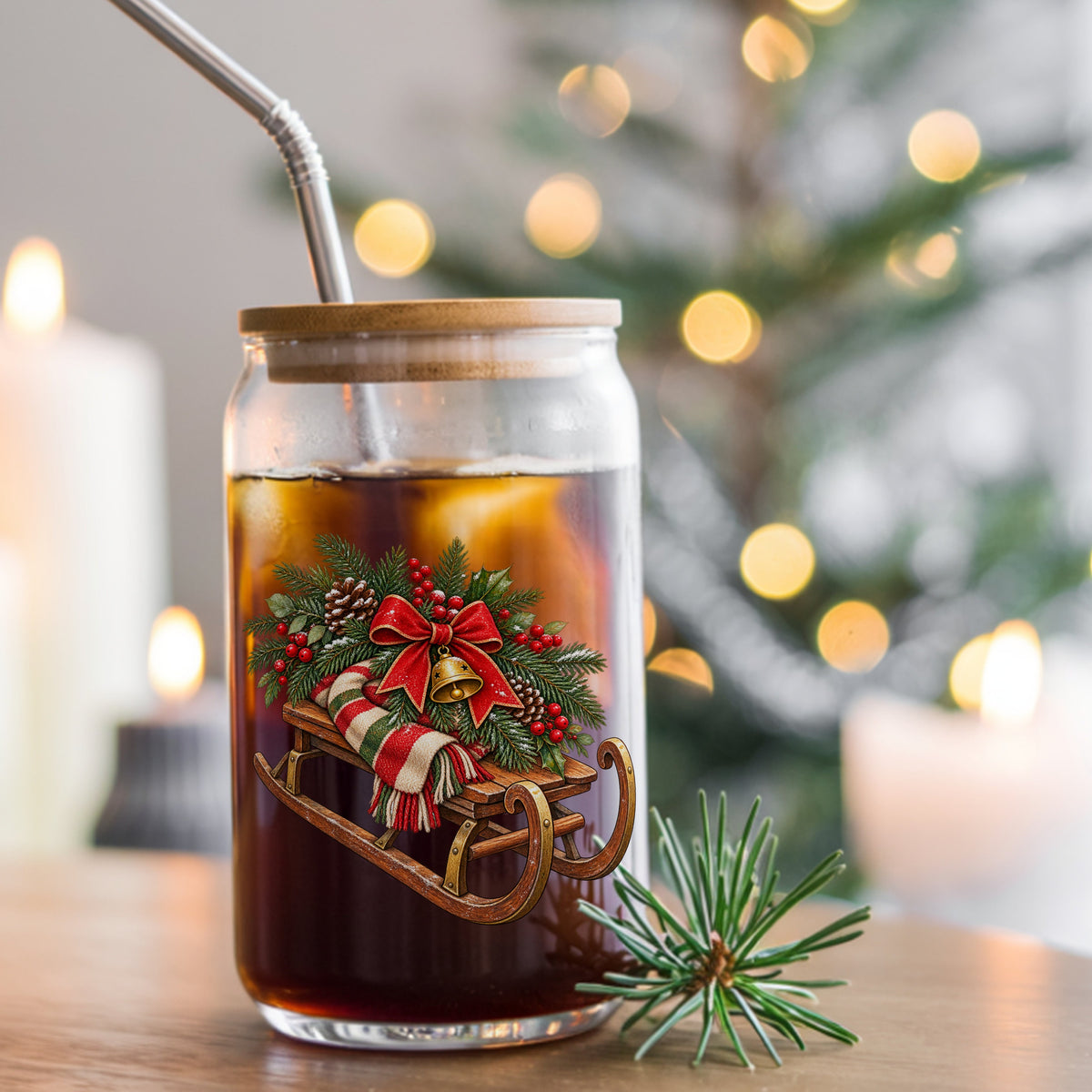 Vintage Wooden Sled With Greenery UV DTF sticker applied to a glass can cup of iced coffee with a straw
