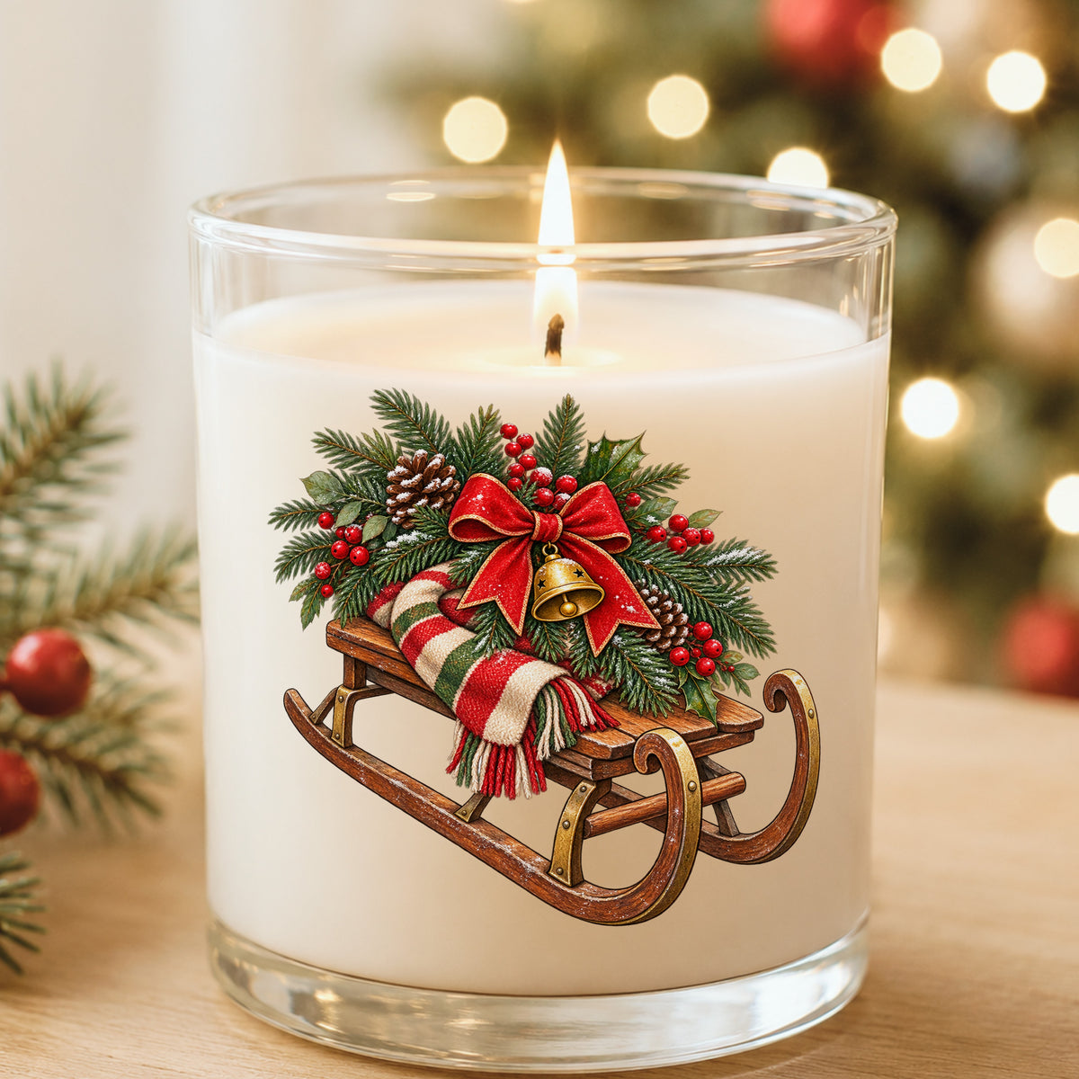 Vintage Wooden Sled With Greenery UV DTF sticker applied to a white candle in a glass holder near Christmas lights