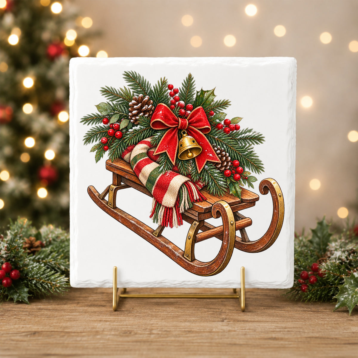 Vintage Wooden Sled With Greenery UV DTF sticker applied to a white tile on a gold stand