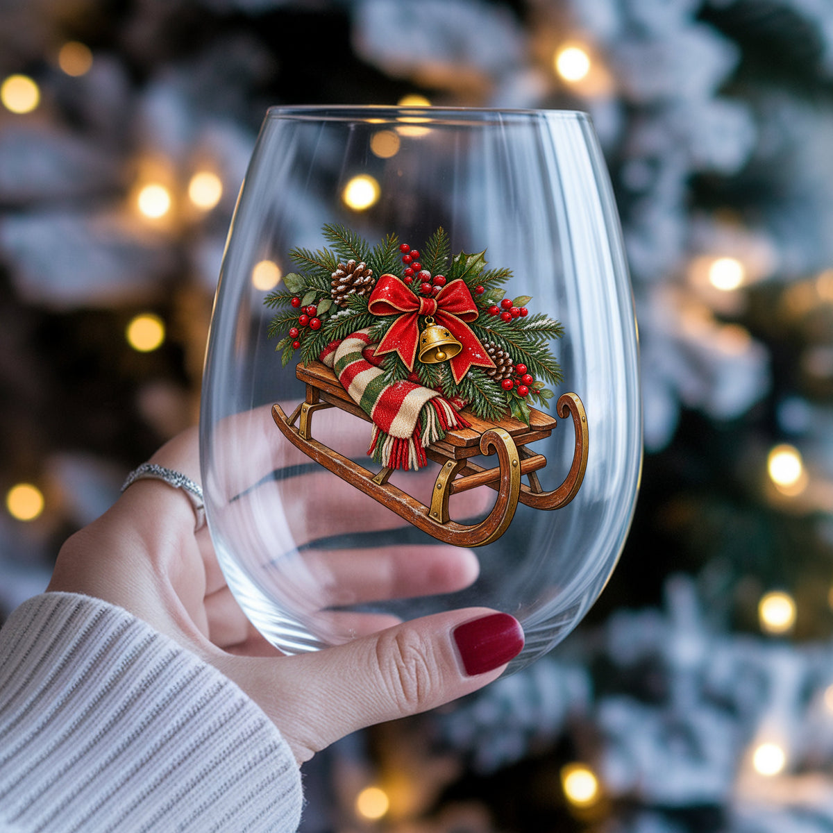 Vintage Wooden Sled With Greenery UV DTF sticker applied to a stemless wine glass held in hand