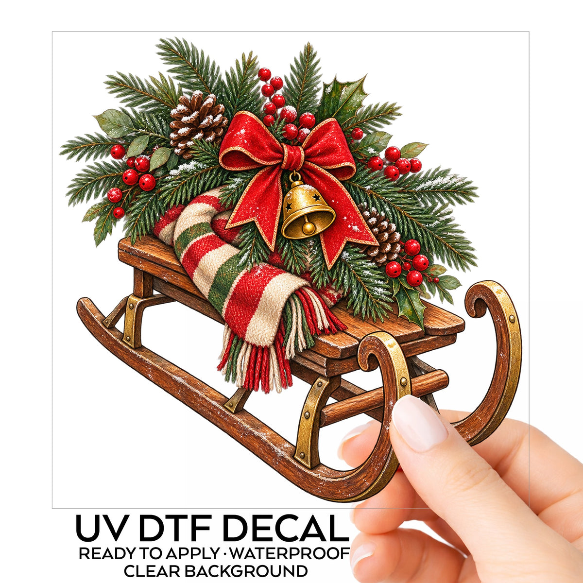 Vintage Wooden Sled With Greenery UV DTF sticker on its backing card, held in hand