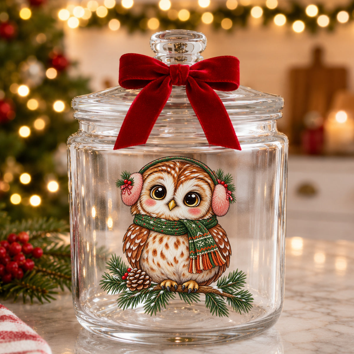 Owl With Earmuffs And Scarf On Pine Branch UV DTF sticker applied to a glass candy jar tied with a red bow