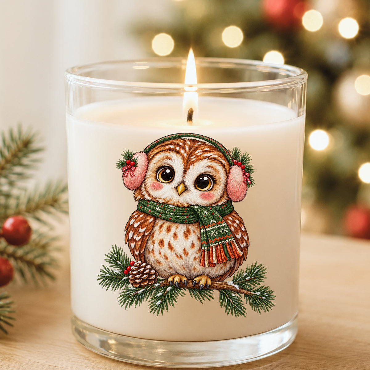 Owl With Earmuffs And Scarf On Pine Branch UV DTF sticker applied to a white candle in a glass holder near Christmas lights