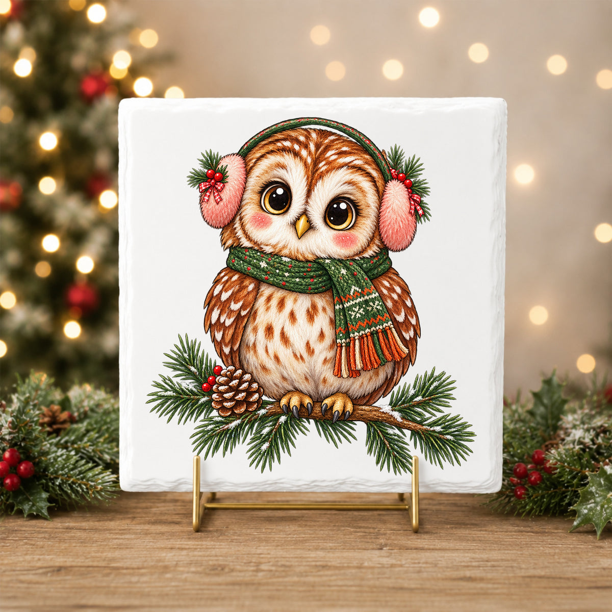 Owl With Earmuffs And Scarf On Pine Branch UV DTF sticker applied to a white tile on a gold stand
