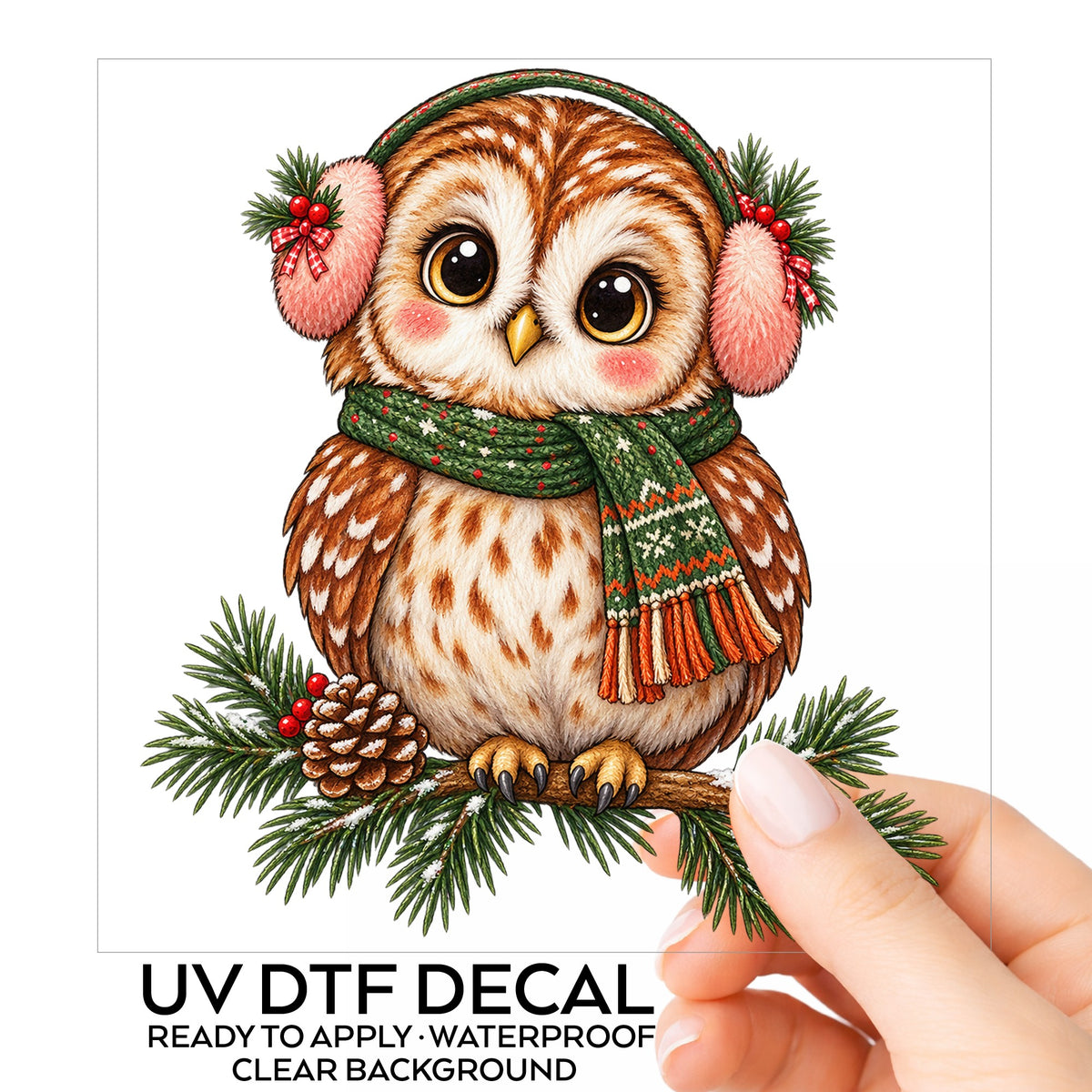 Owl With Earmuffs And Scarf On Pine Branch UV DTF sticker on its backing card, held in hand
