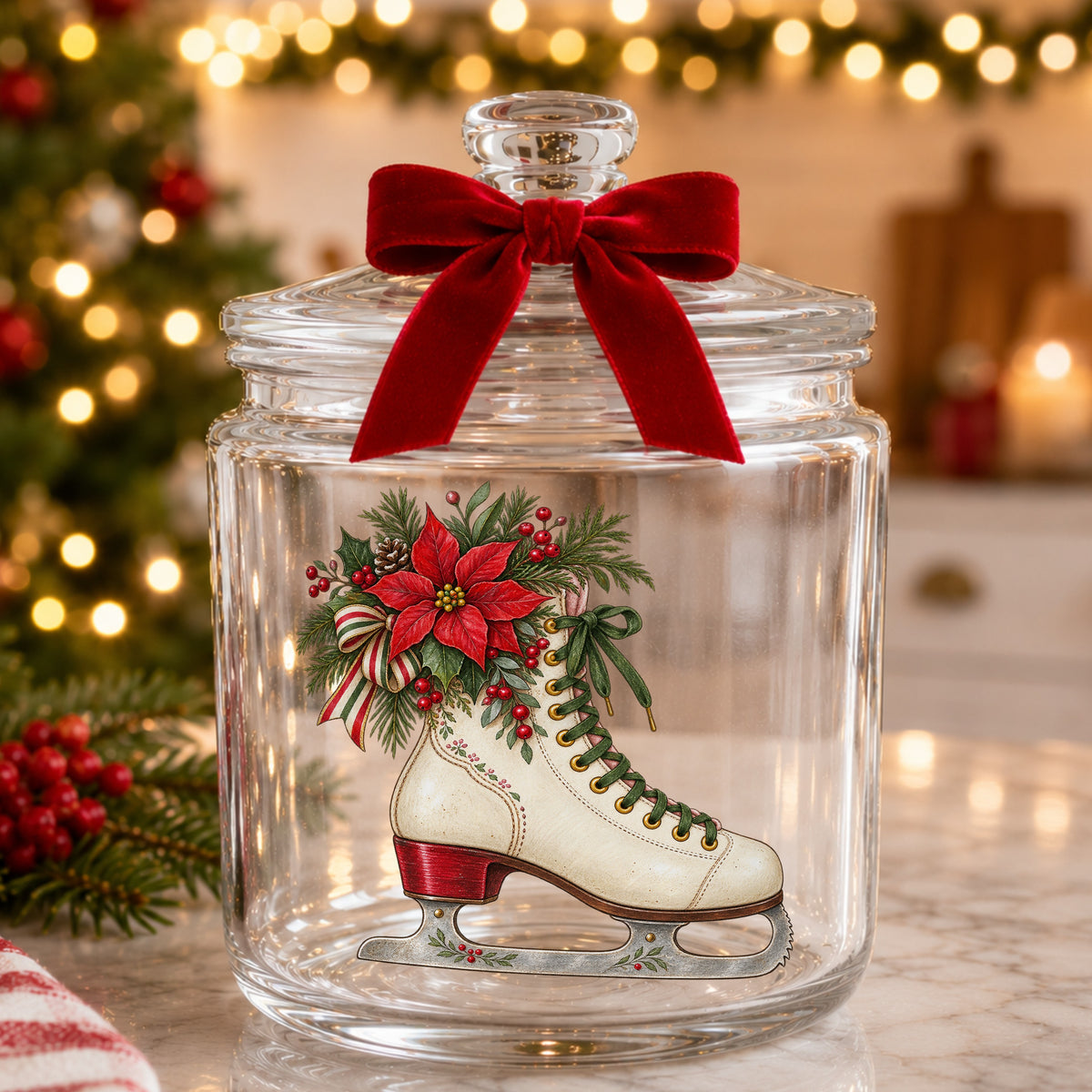 Vintage Ice Skate With Poinsettia UV DTF sticker applied to a glass candy jar tied with a red bow