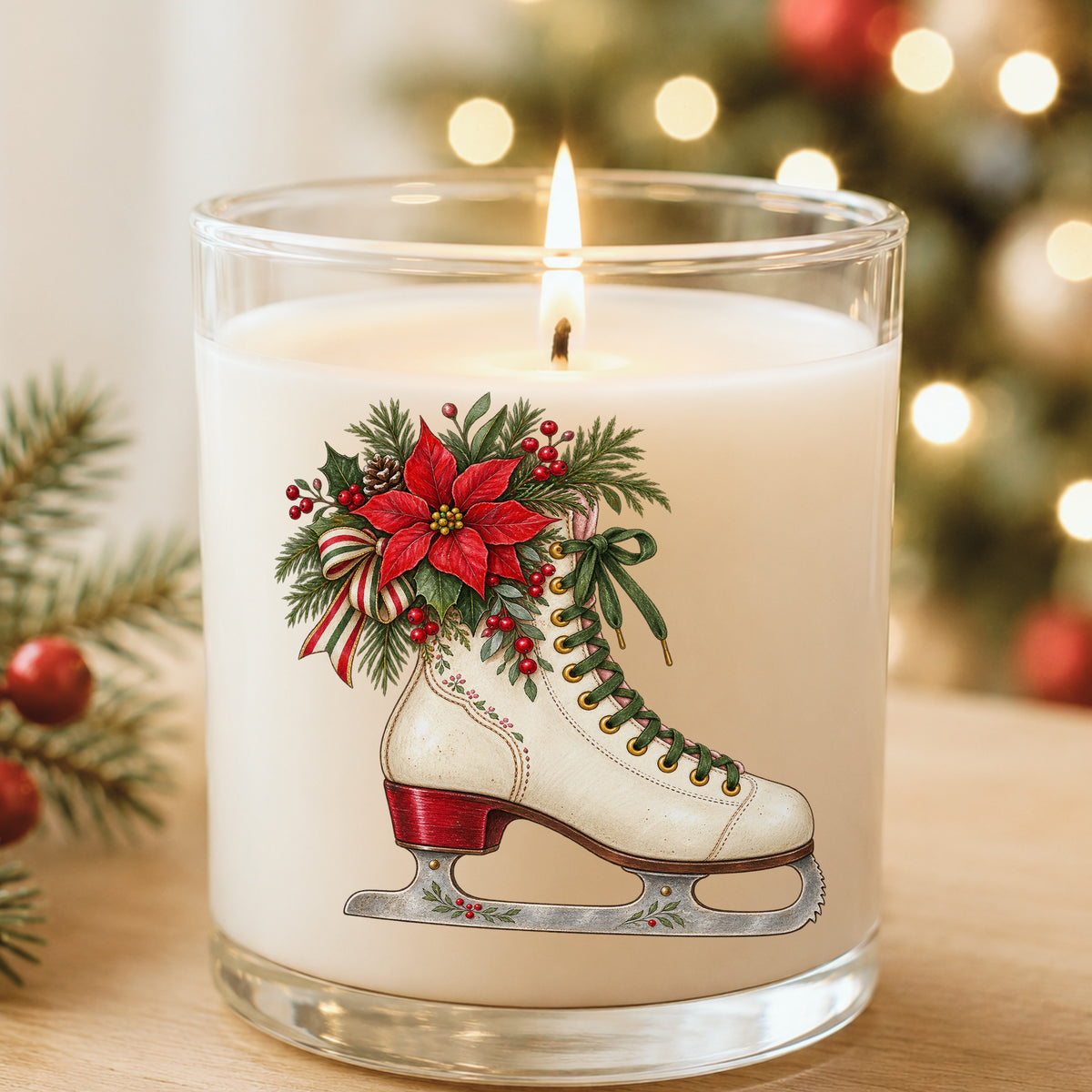 Vintage Ice Skate With Poinsettia UV DTF sticker applied to a white candle in a glass holder near Christmas lights