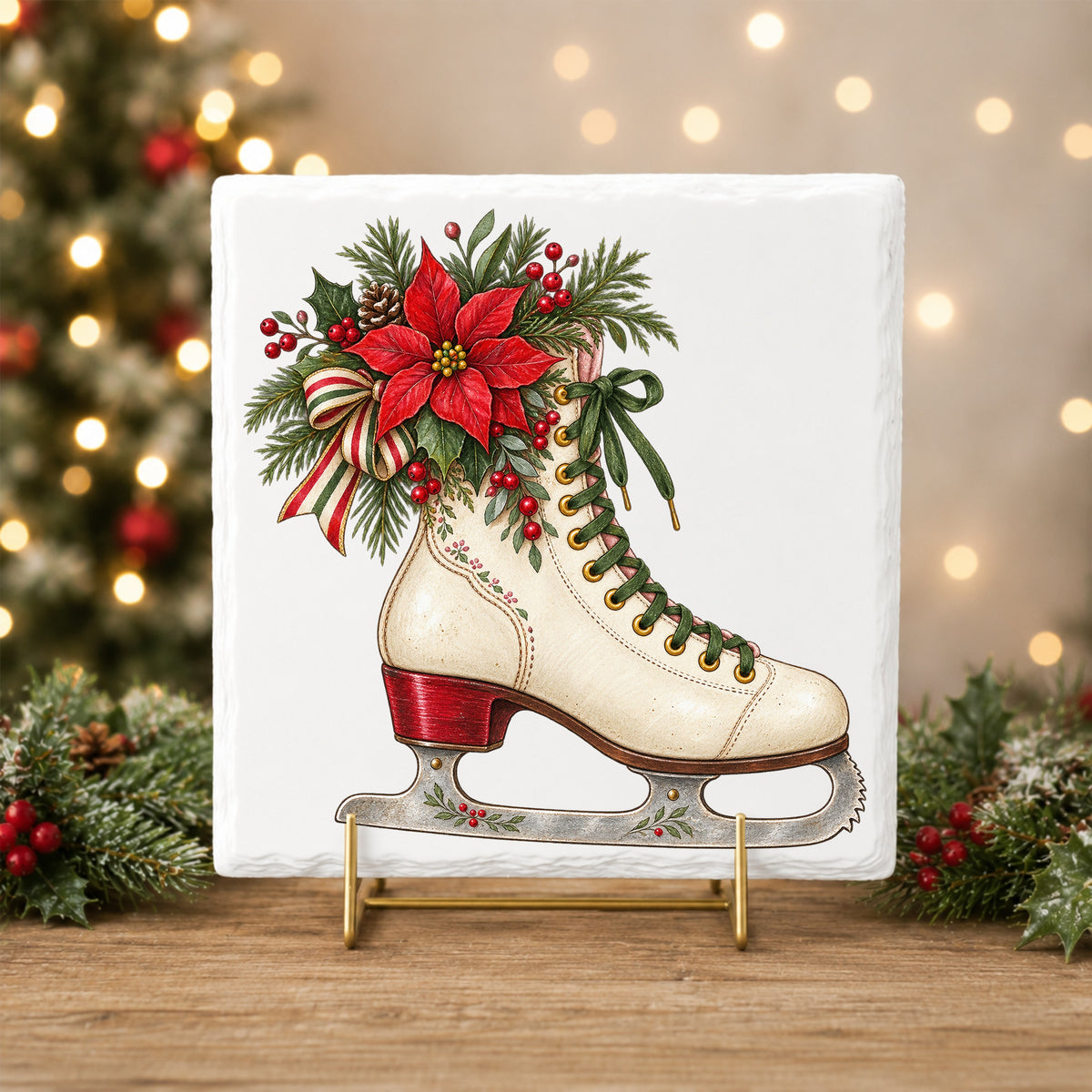 Vintage Ice Skate With Poinsettia UV DTF sticker applied to a white tile on a gold stand