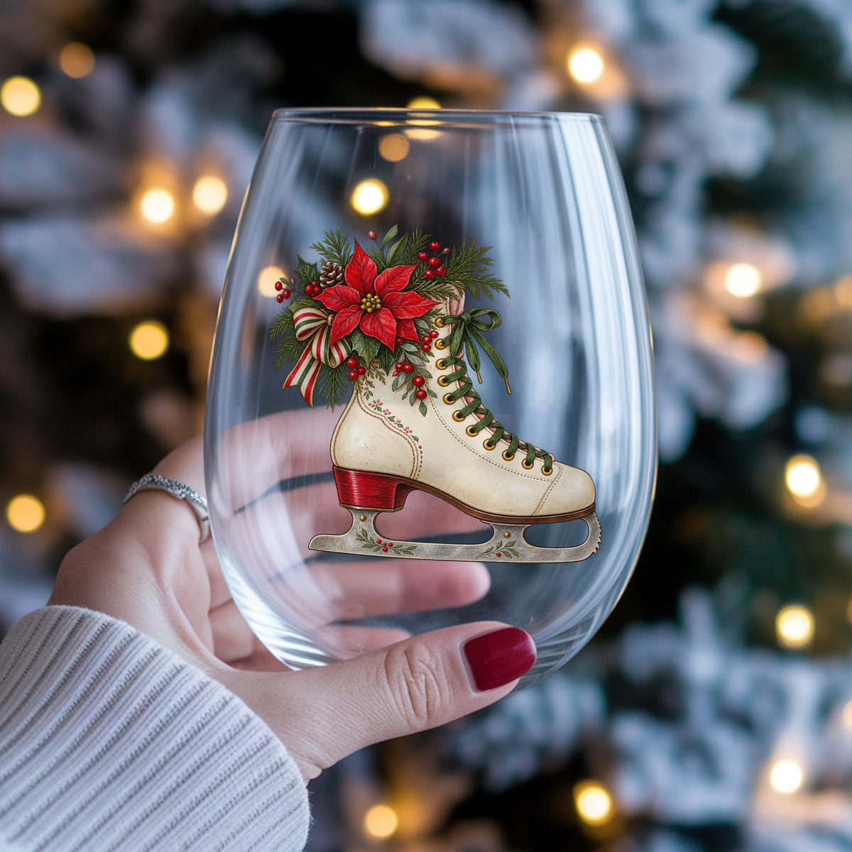 Vintage Ice Skate With Poinsettia UV DTF sticker applied to a stemless wine glass held in hand