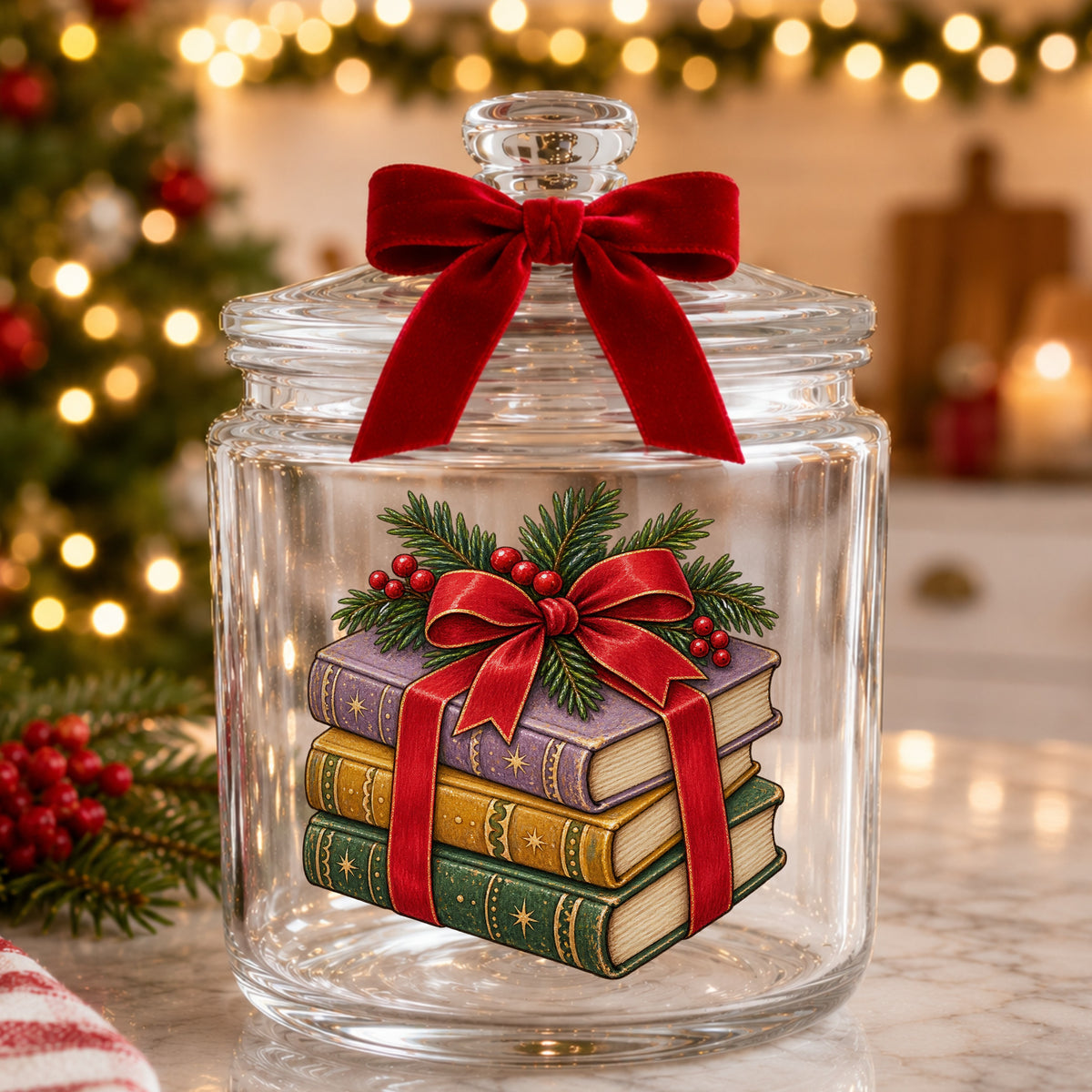 Christmas Book Stack With Red Bow UV DTF sticker applied to a glass candy jar tied with a red bow