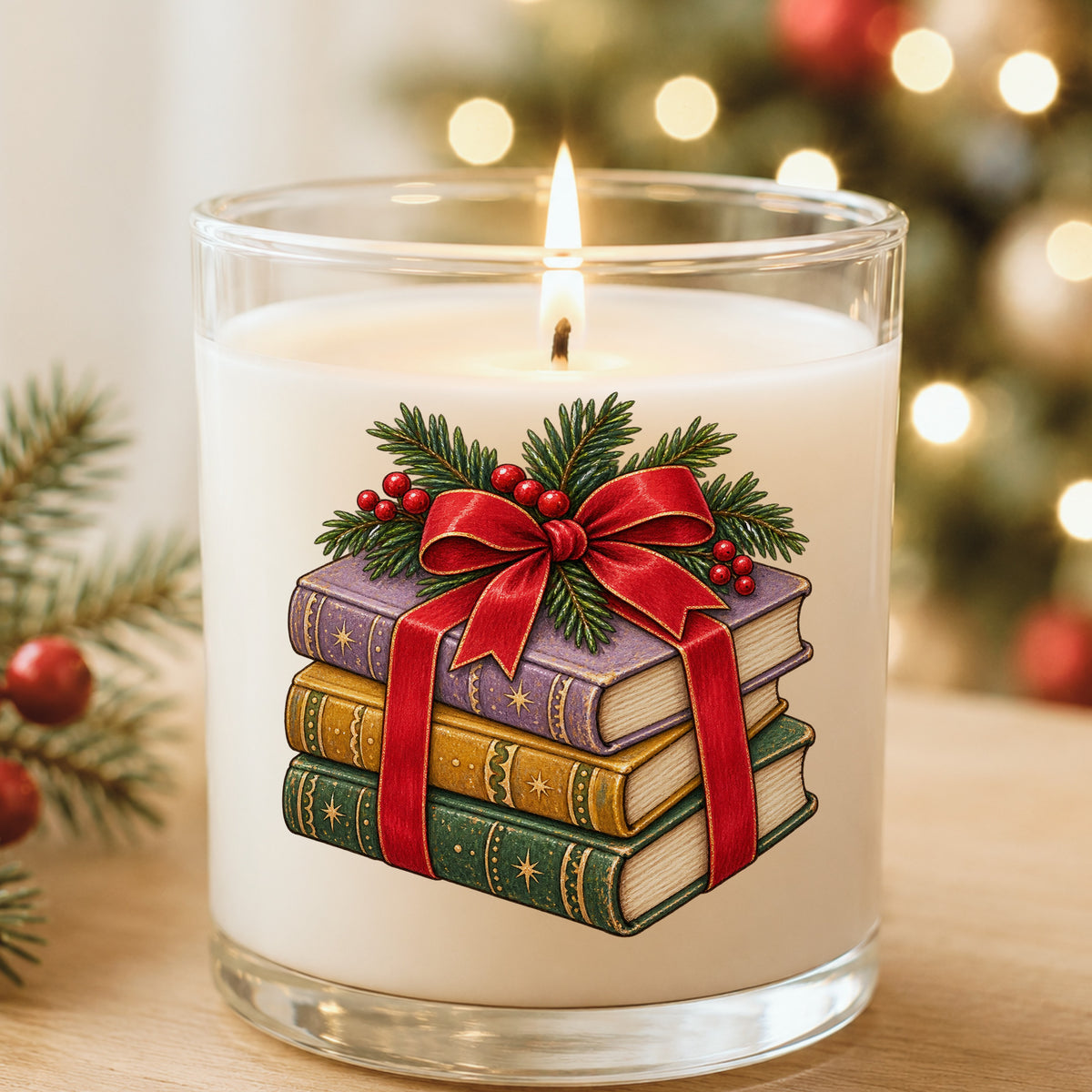 Christmas Book Stack With Red Bow UV DTF sticker applied to a white candle in a glass holder near Christmas lights