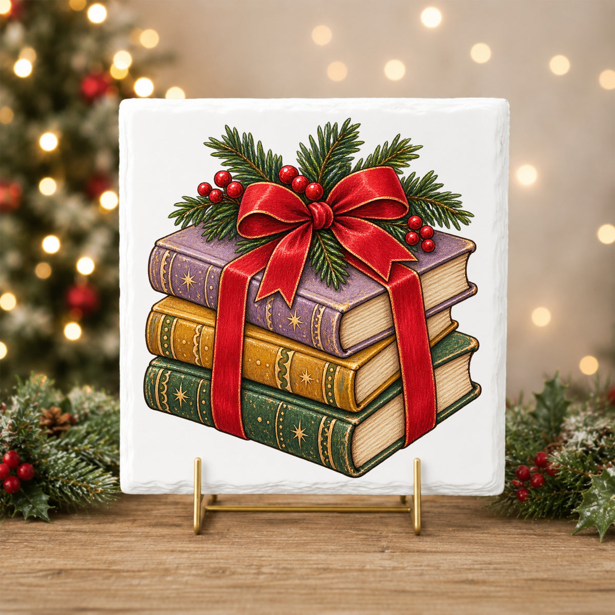 Christmas Book Stack With Red Bow UV DTF sticker applied to a white tile on a gold stand