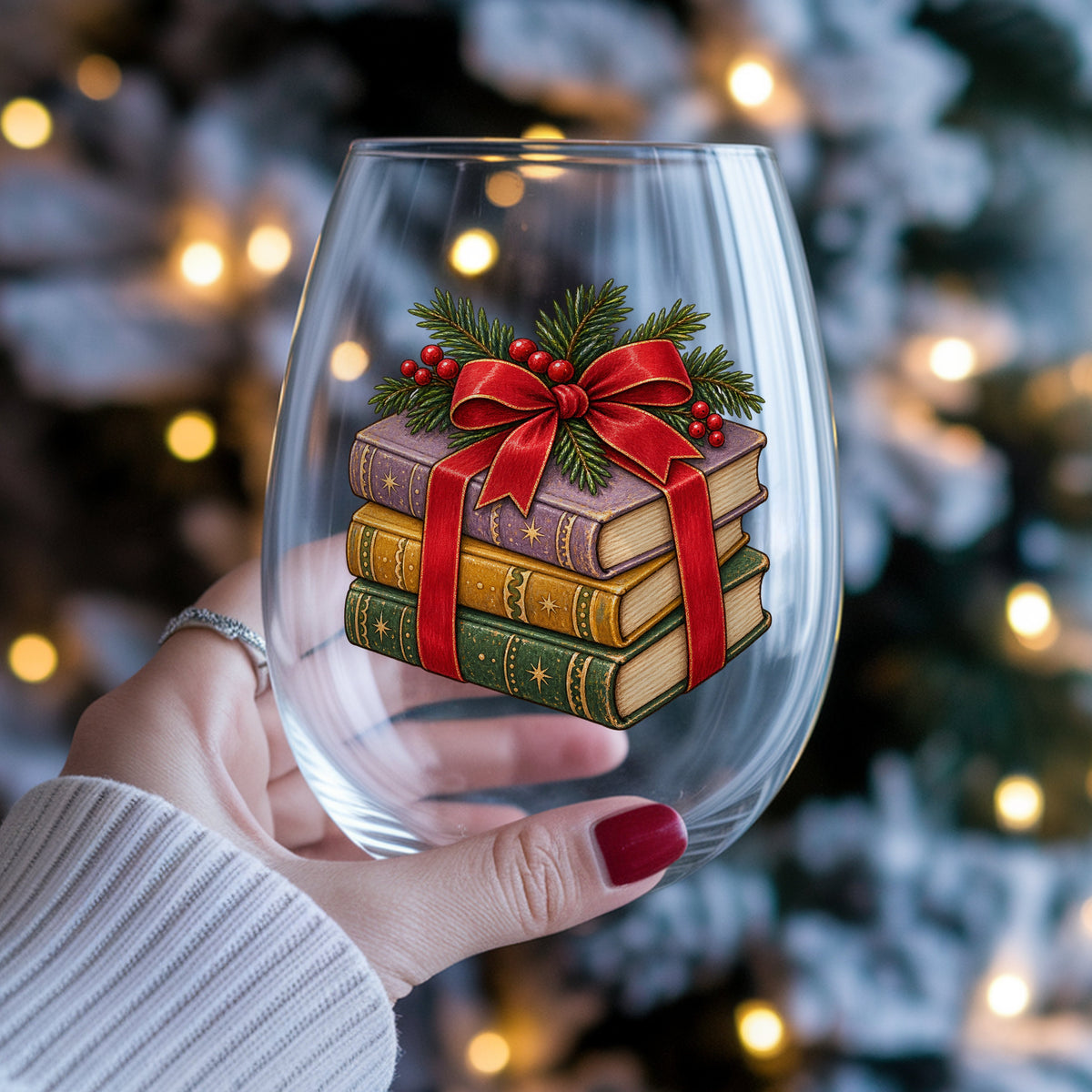 Christmas Book Stack With Red Bow UV DTF sticker applied to a stemless wine glass held in hand