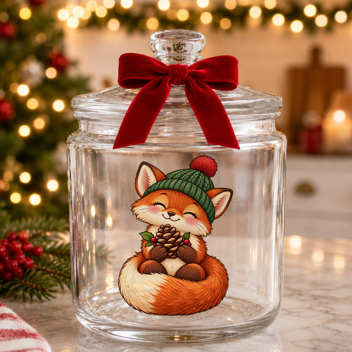 Red Fox In Knit Beanie Holding Pinecone UV DTF sticker applied to a glass candy jar tied with a red bow