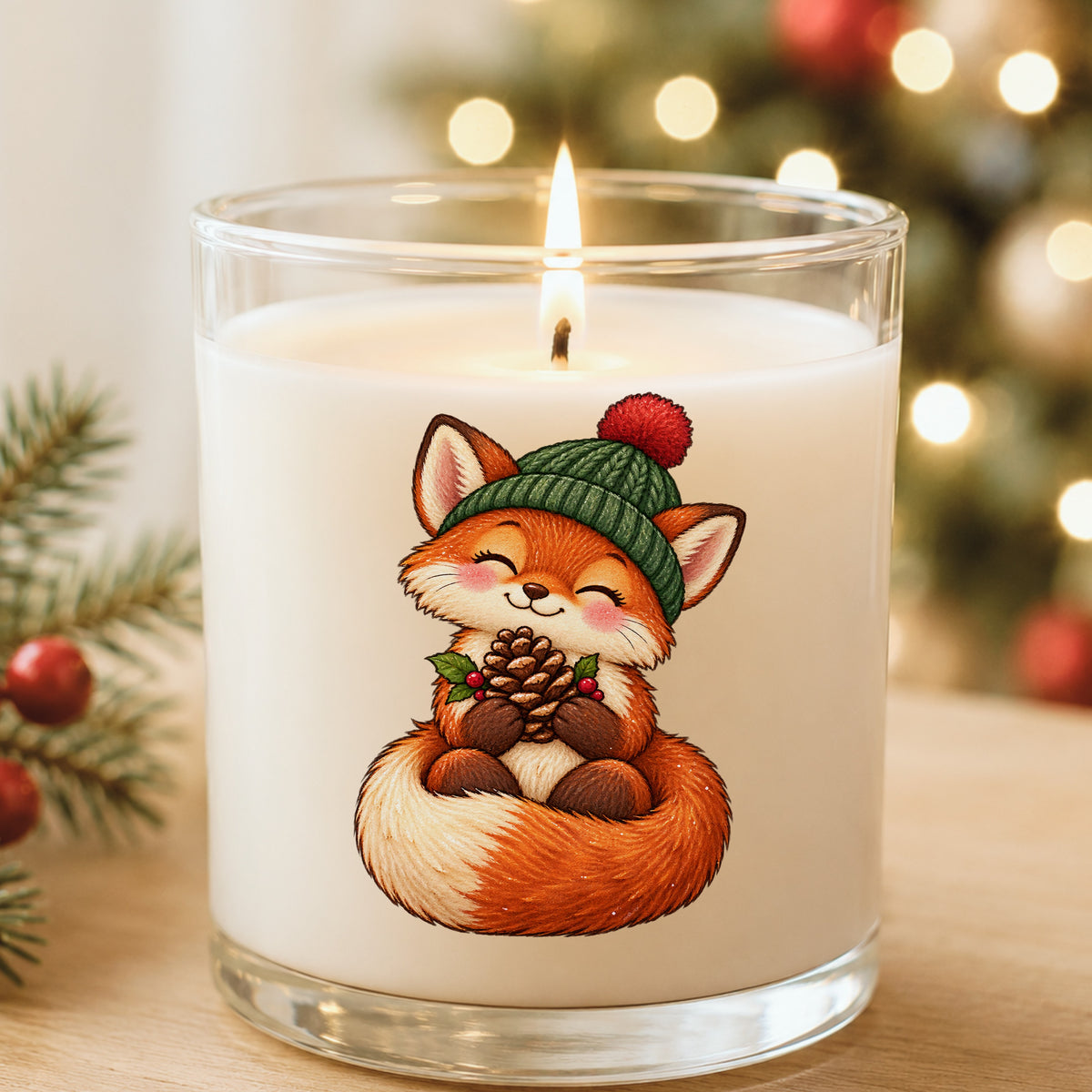 Red Fox In Knit Beanie Holding Pinecone UV DTF sticker applied to a white candle in a glass holder near Christmas lights