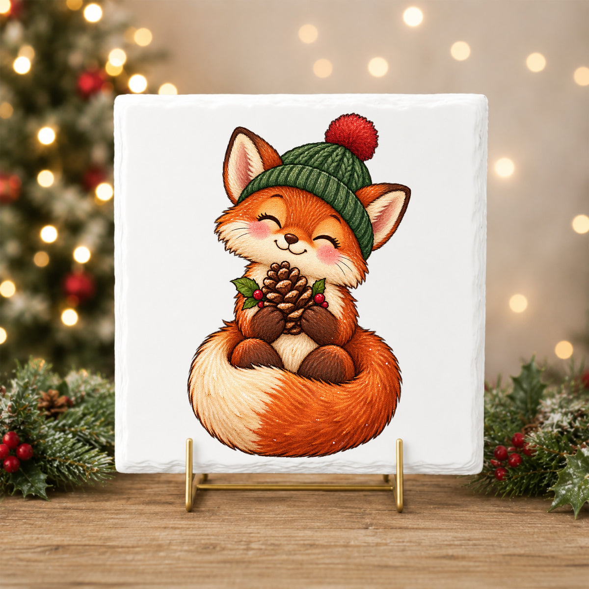 Red Fox In Knit Beanie Holding Pinecone UV DTF sticker applied to a white tile on a gold stand