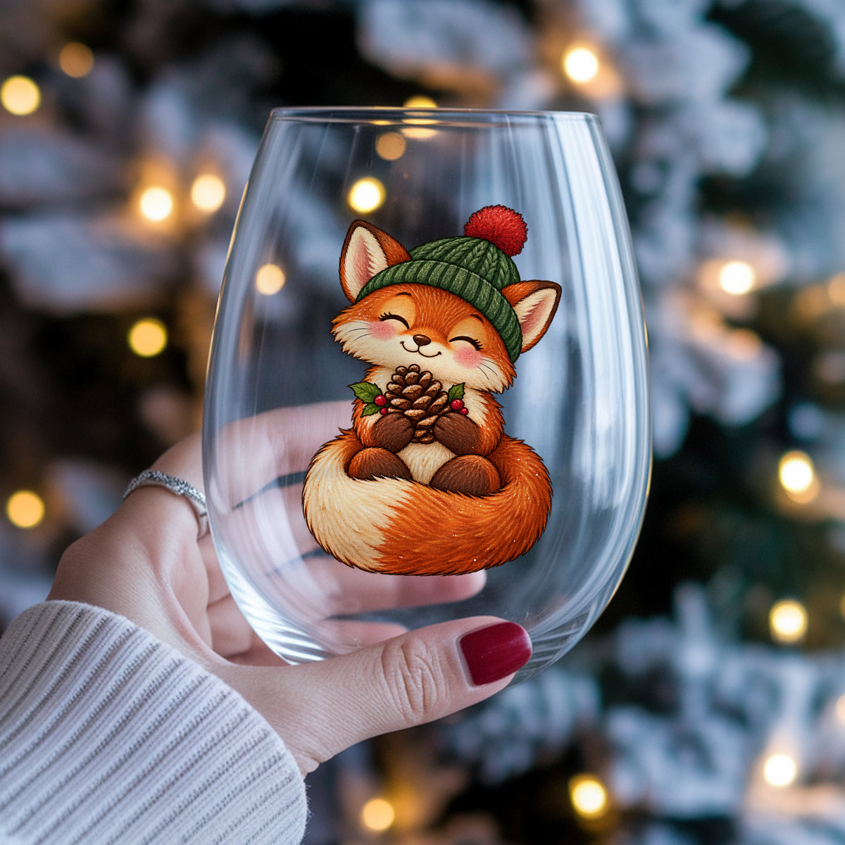 Red Fox In Knit Beanie Holding Pinecone UV DTF sticker applied to a stemless wine glass held in hand