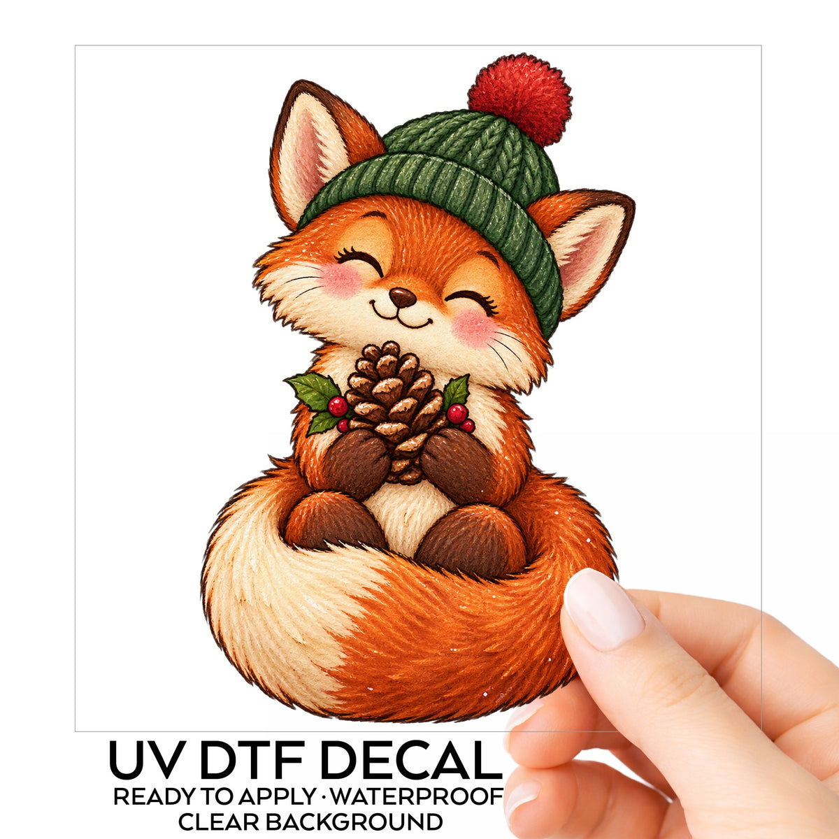 Red Fox In Knit Beanie Holding Pinecone UV DTF sticker on its backing card, held in hand
